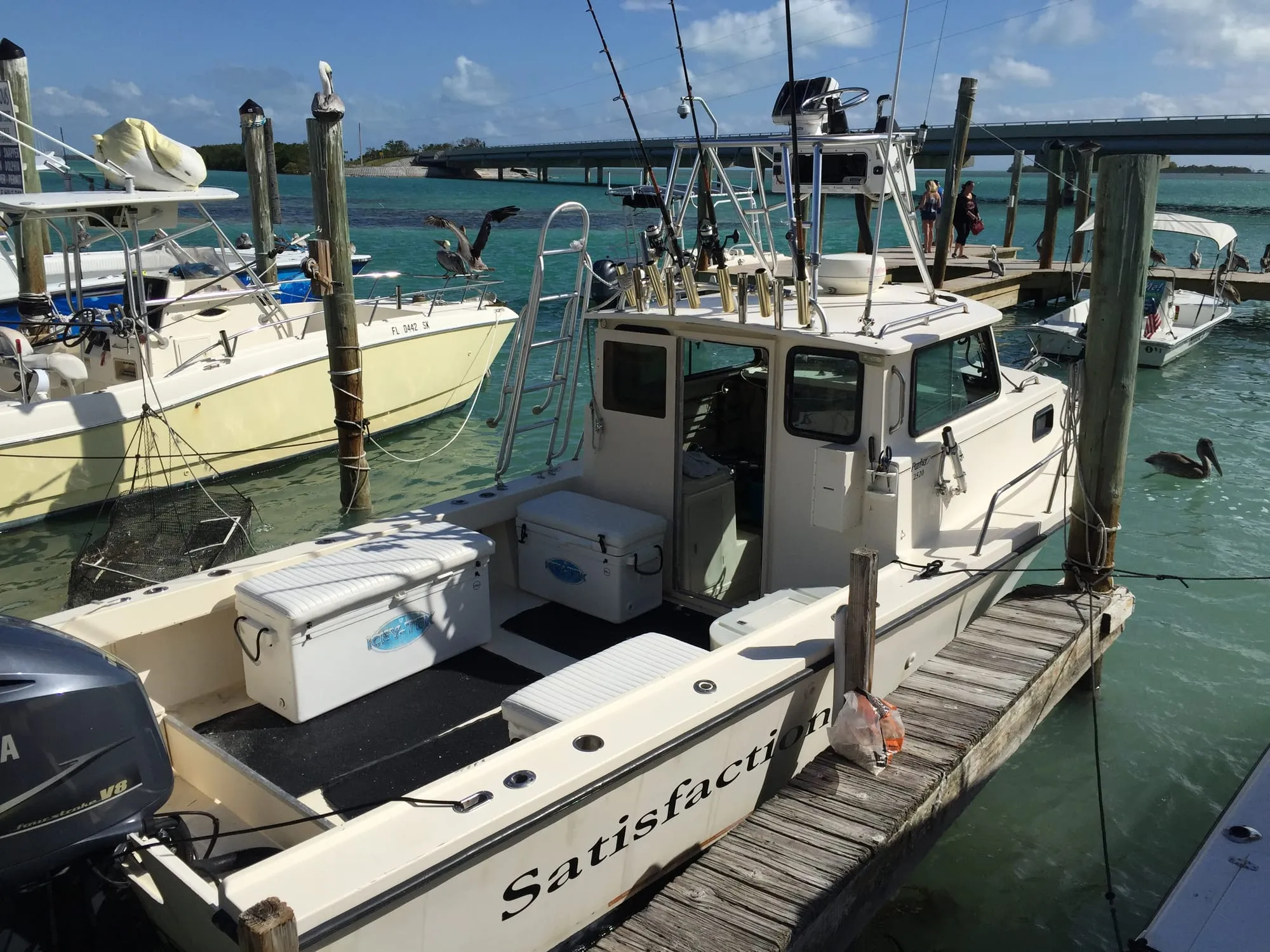 Satisfaction, a Parker 2520 pilot house, tied up at the dock